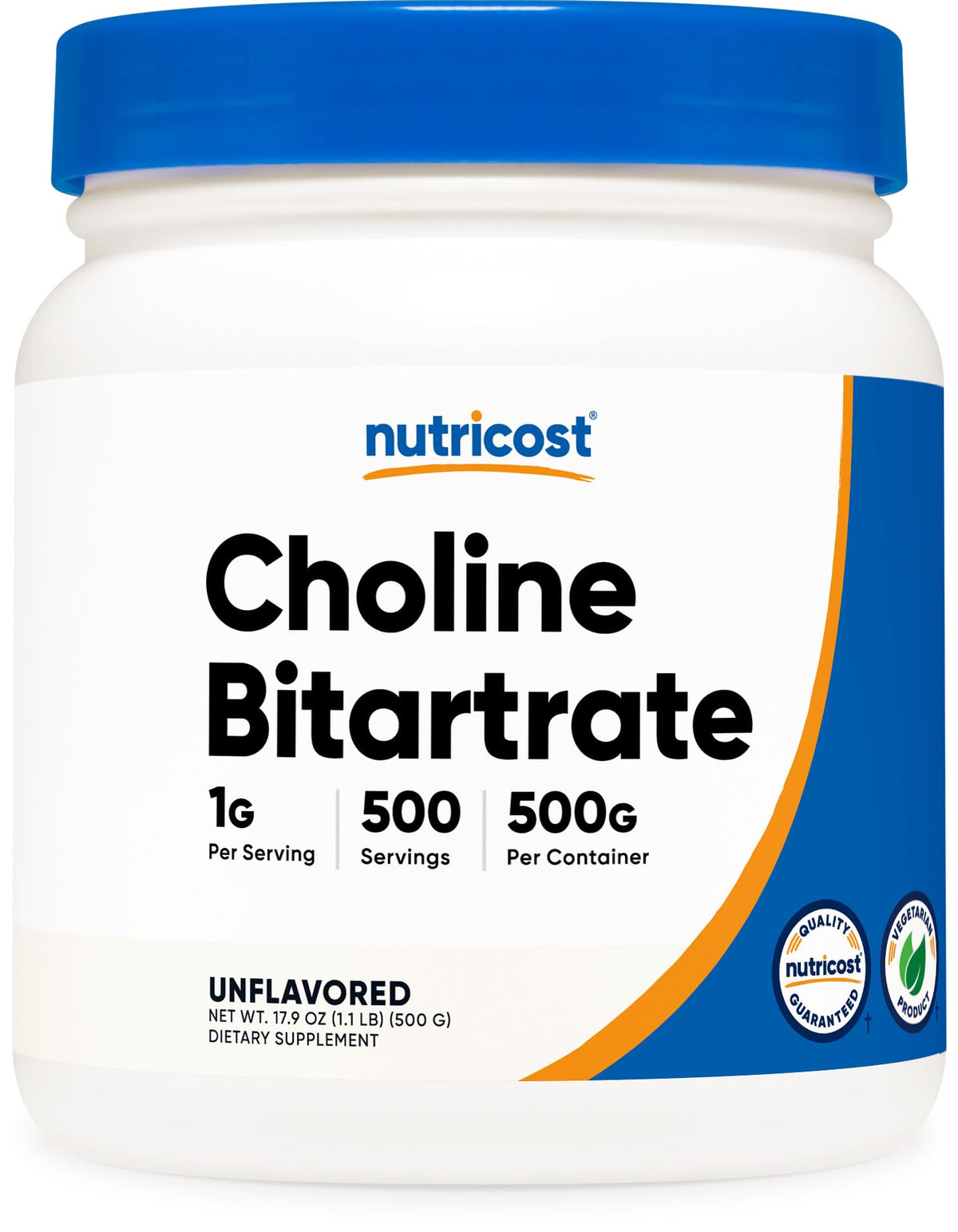 Polvo Nutricost de Colina Bitartrato en bote de 500 g para mezclar.