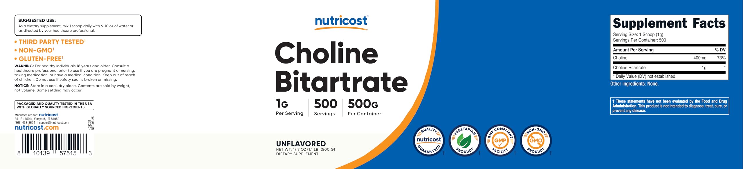 Pruebas de terceros ISO garantizan la calidad de Nutricost Colina Bitartrato.