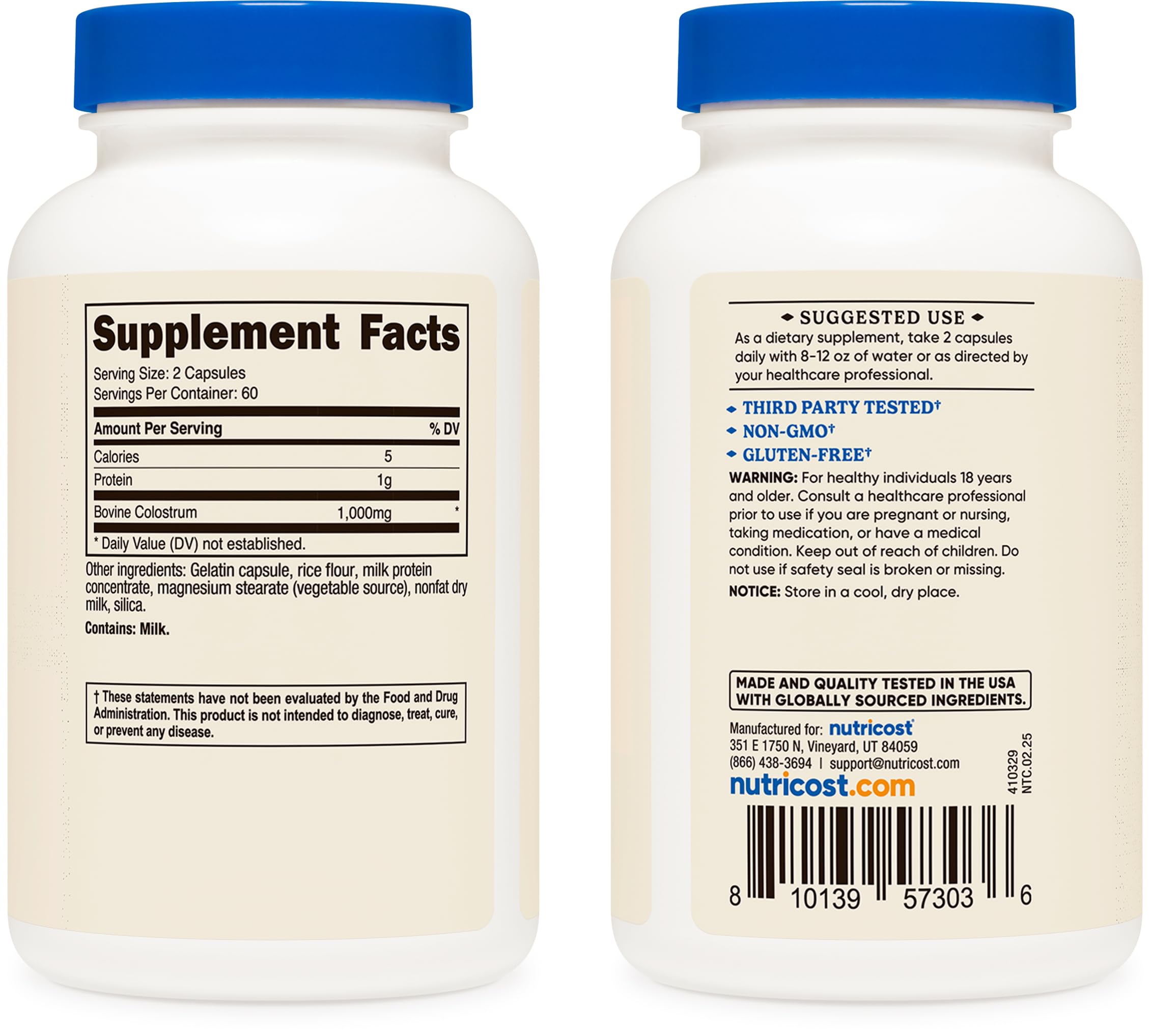 Nutricost Colostrum etiqueta frontal clara para identificar el producto
