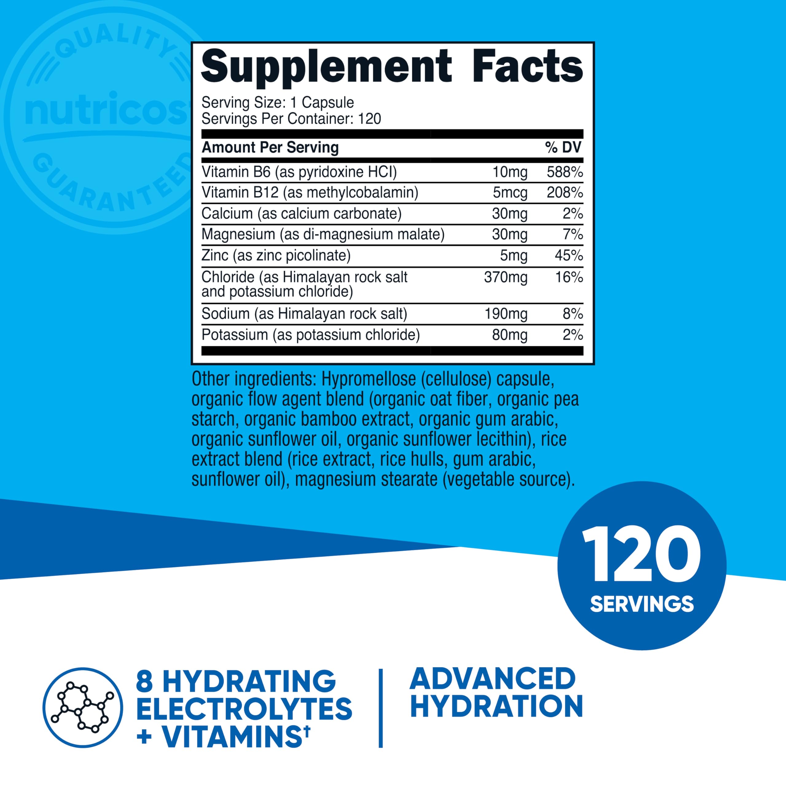 Nutricost Complejo de electrolitos, cápsulas 120, apoyo diario de hidratación