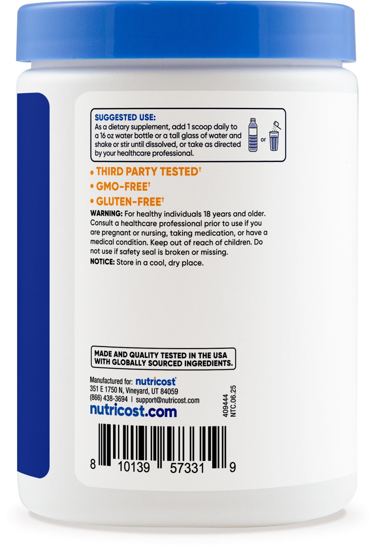 Nutricost Electrolitos, etiqueta con certificación GMP y control de calidad.