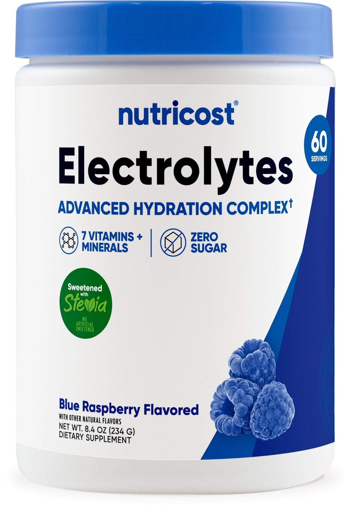 Nutricost Complejo de electrolitos, polvo de frambuesa azul, hidratación rápida para entrenamientos.