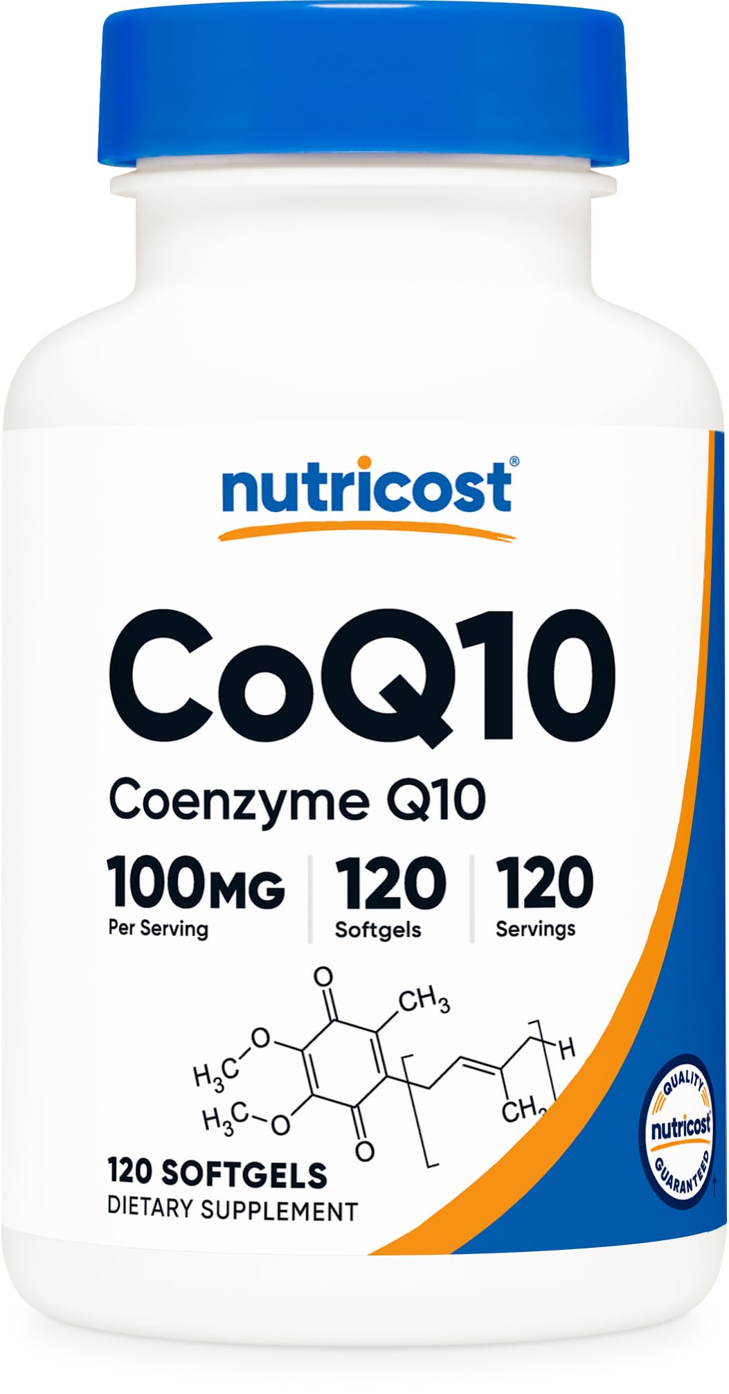 Nutricost CoQ10 Softgels: frasco visible para suministro diario y comodidad.