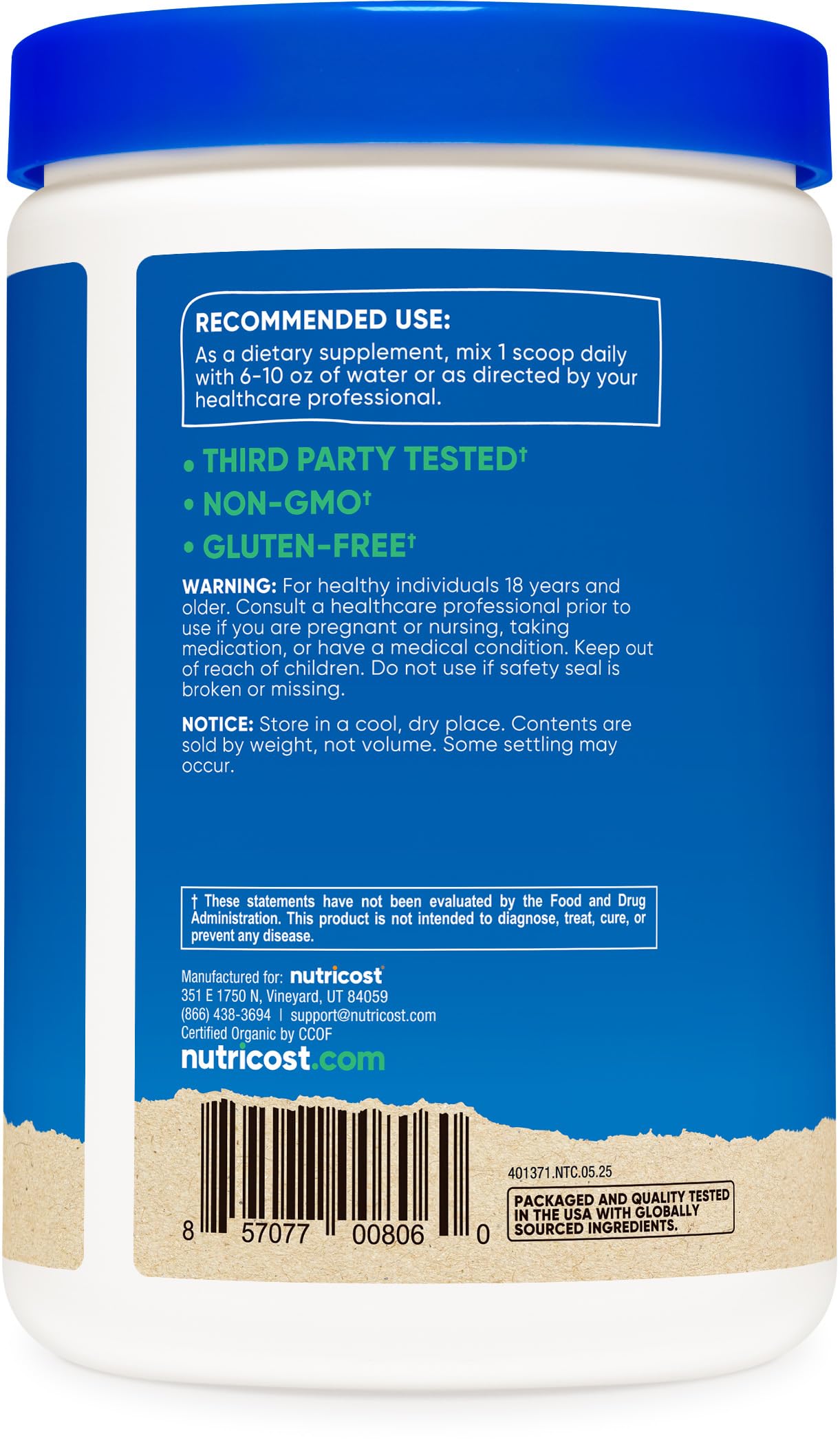 Nutricost Cordyceps caja con etiqueta USDA, control de calidad visible.