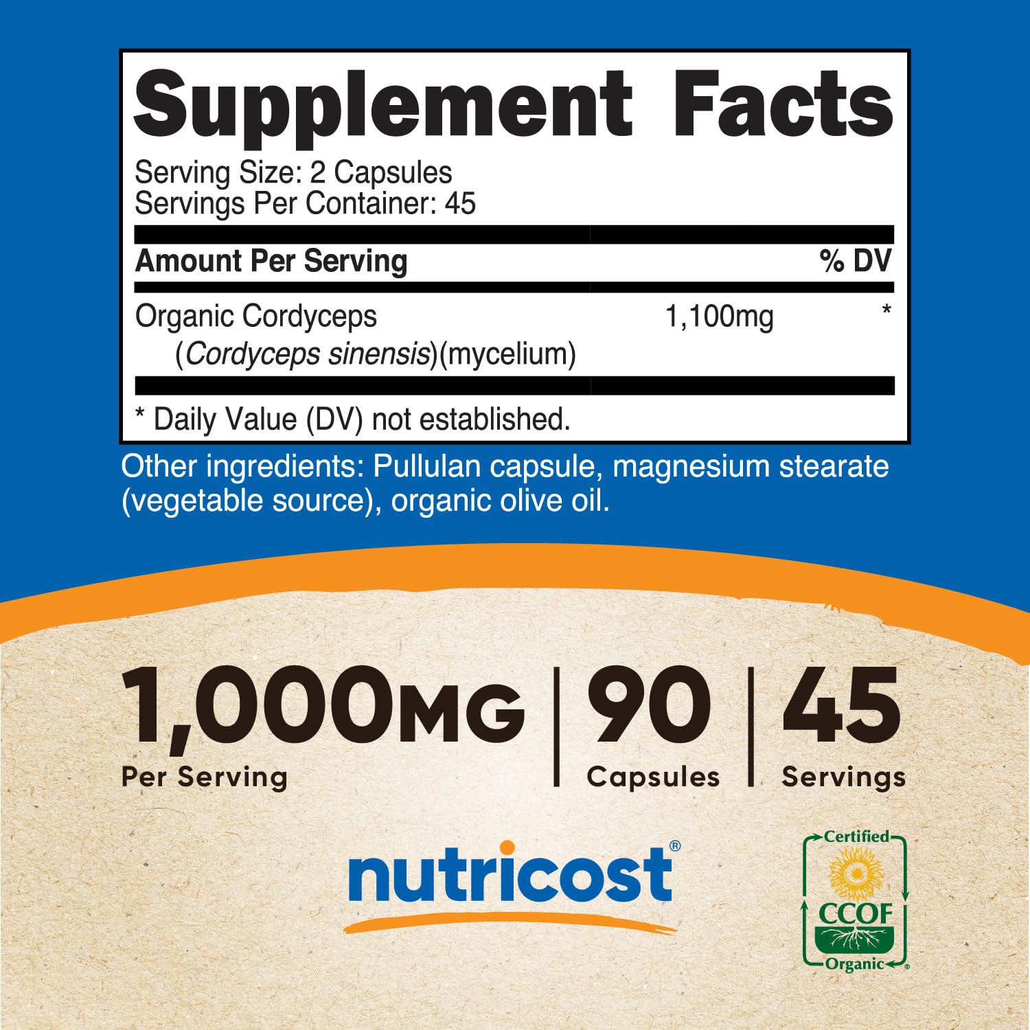 Nutricost Cordyceps botella vista trasera con información de porciones
