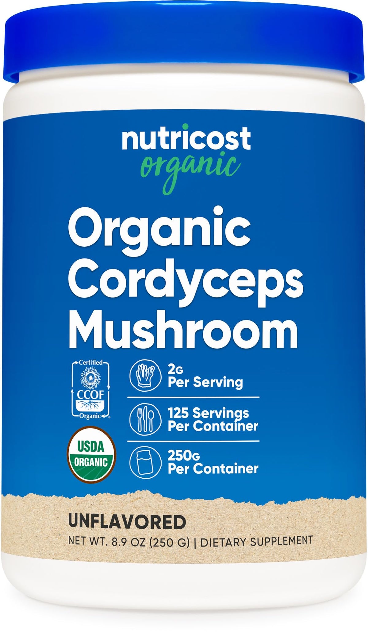 Nutricost Cordyceps orgánico en bote de 250 g, perfecto para batidos diarios.