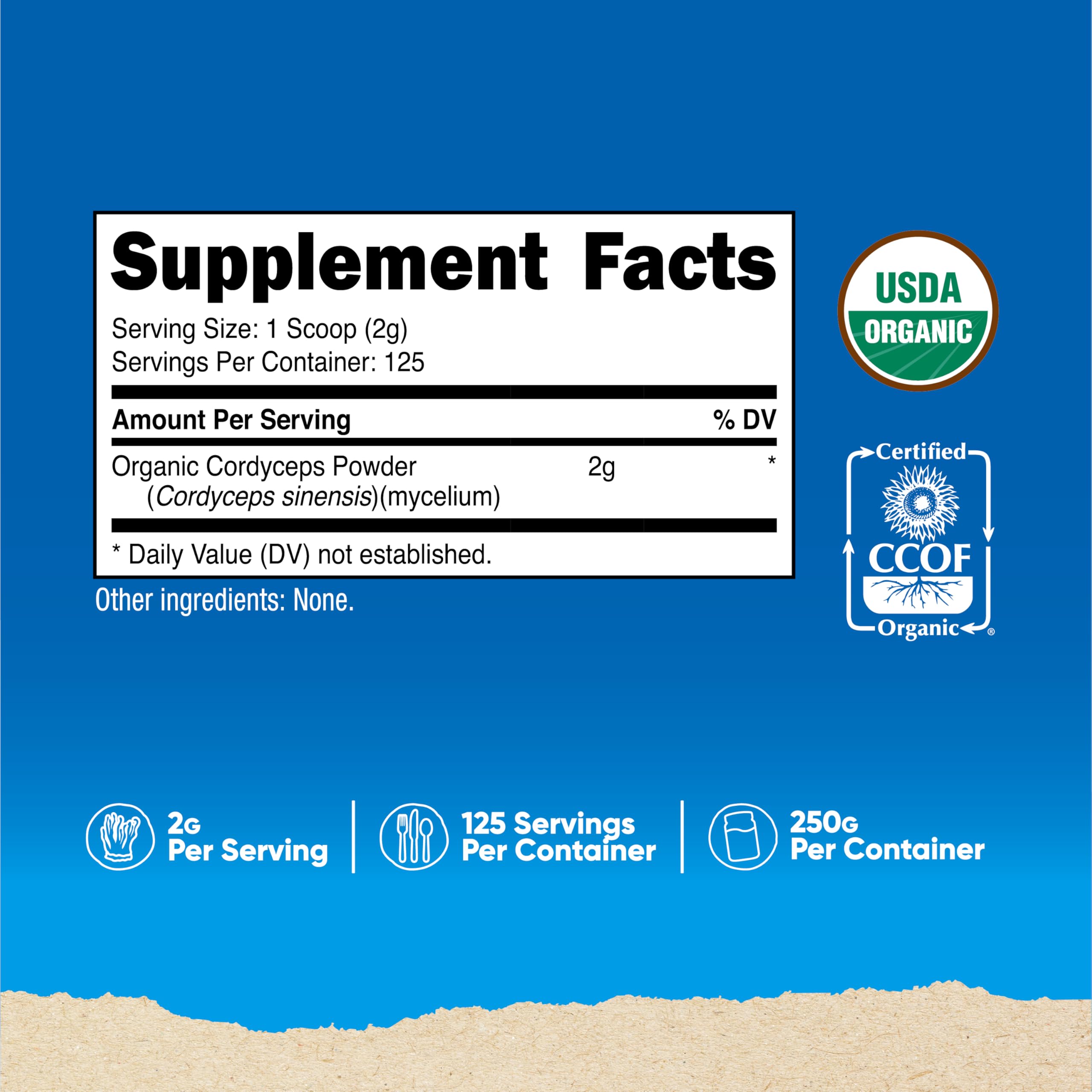 Nutricost Cordyceps polvo de 250 g, porciones fáciles para mezclar.