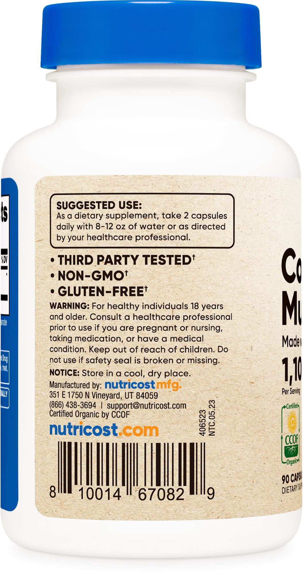 Frasco de Nutricost Cordyceps con 90 cápsulas para 45 porciones