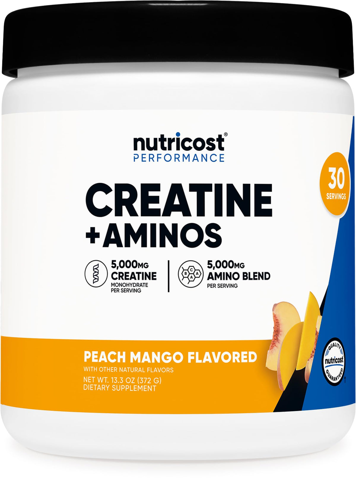 Nutricost Creatina Ainos frasco durazno mango, sabor refrescante para entrenamientos