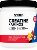 Etiqueta de Nutricost Creatina y aminoácidos Fruta cítrica, ideal para entrenamientos prácticos.