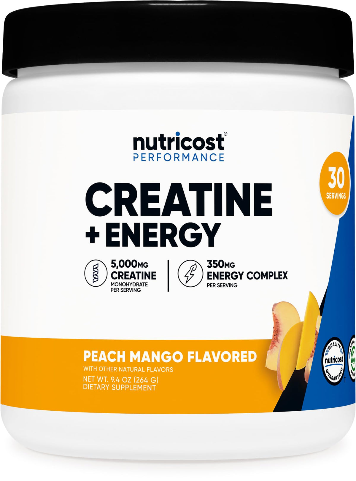 Nutricost, bote de creatina sabor durazno-mango, ideal para entrenamientos.