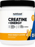 Nutricost, bote de creatina sabor durazno-mango, ideal para entrenamientos.