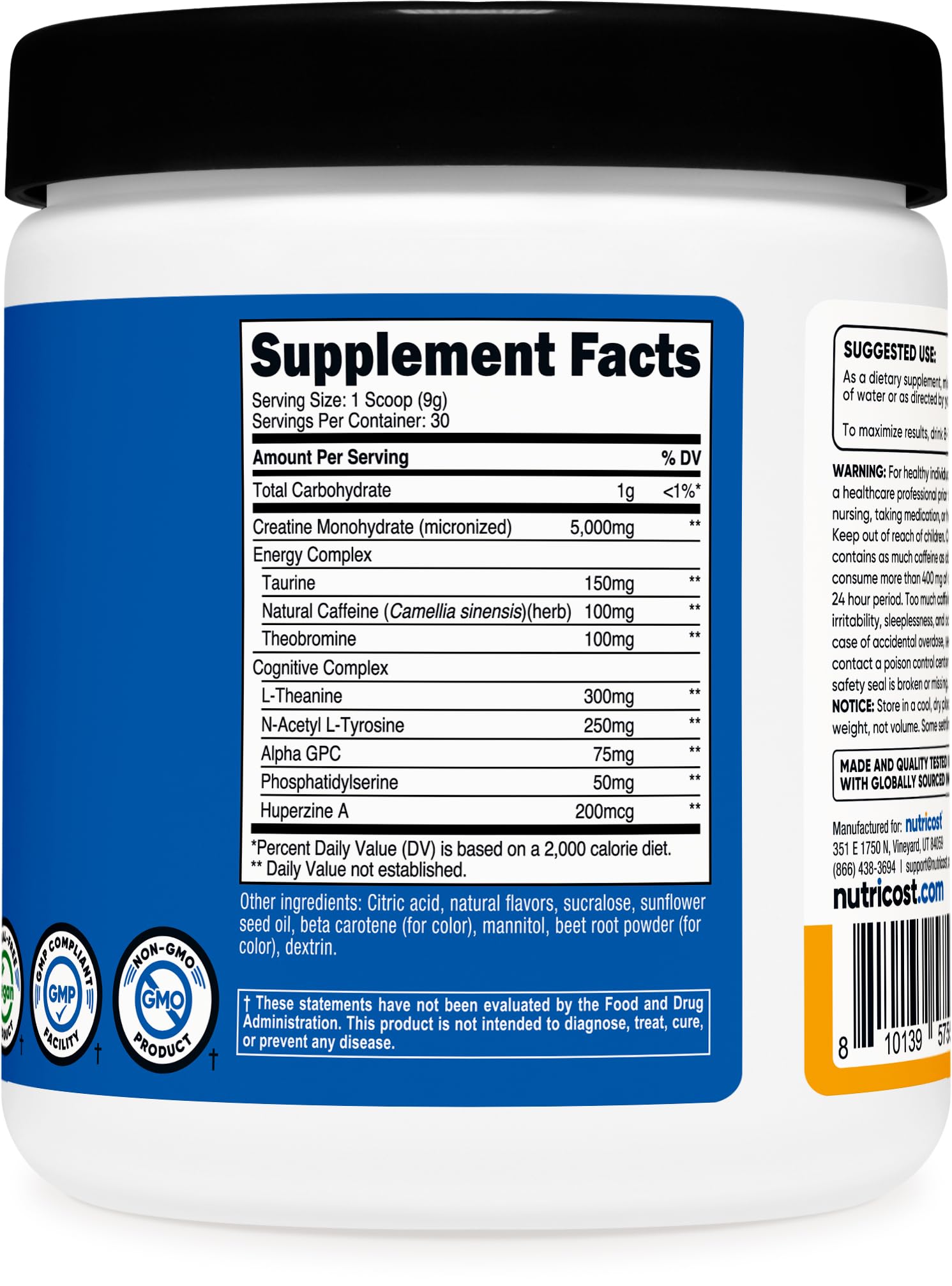 Nutricost, detalle del envase que muestra calidad GMP y pruebas.