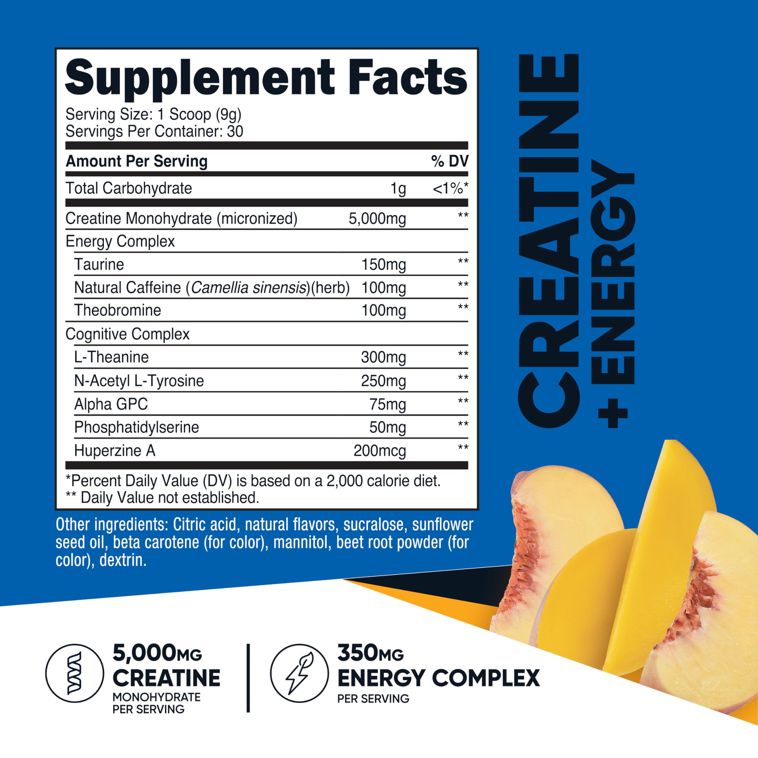 Nutricost, porción de creatina sabor durazno-mango, lista para mezclar.