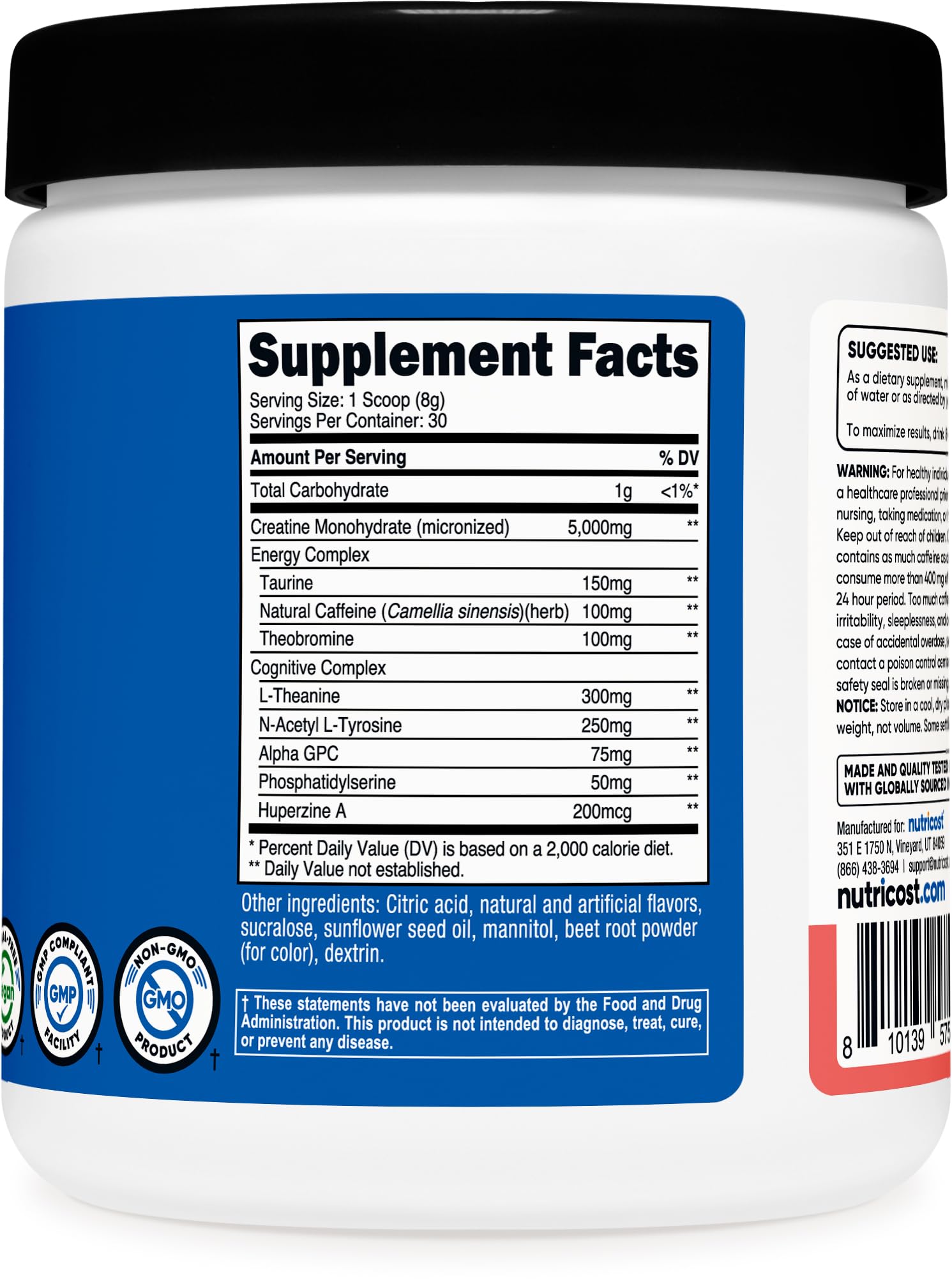 Nutricost Creatina + Energía certificado GMP y pruebas de terceros