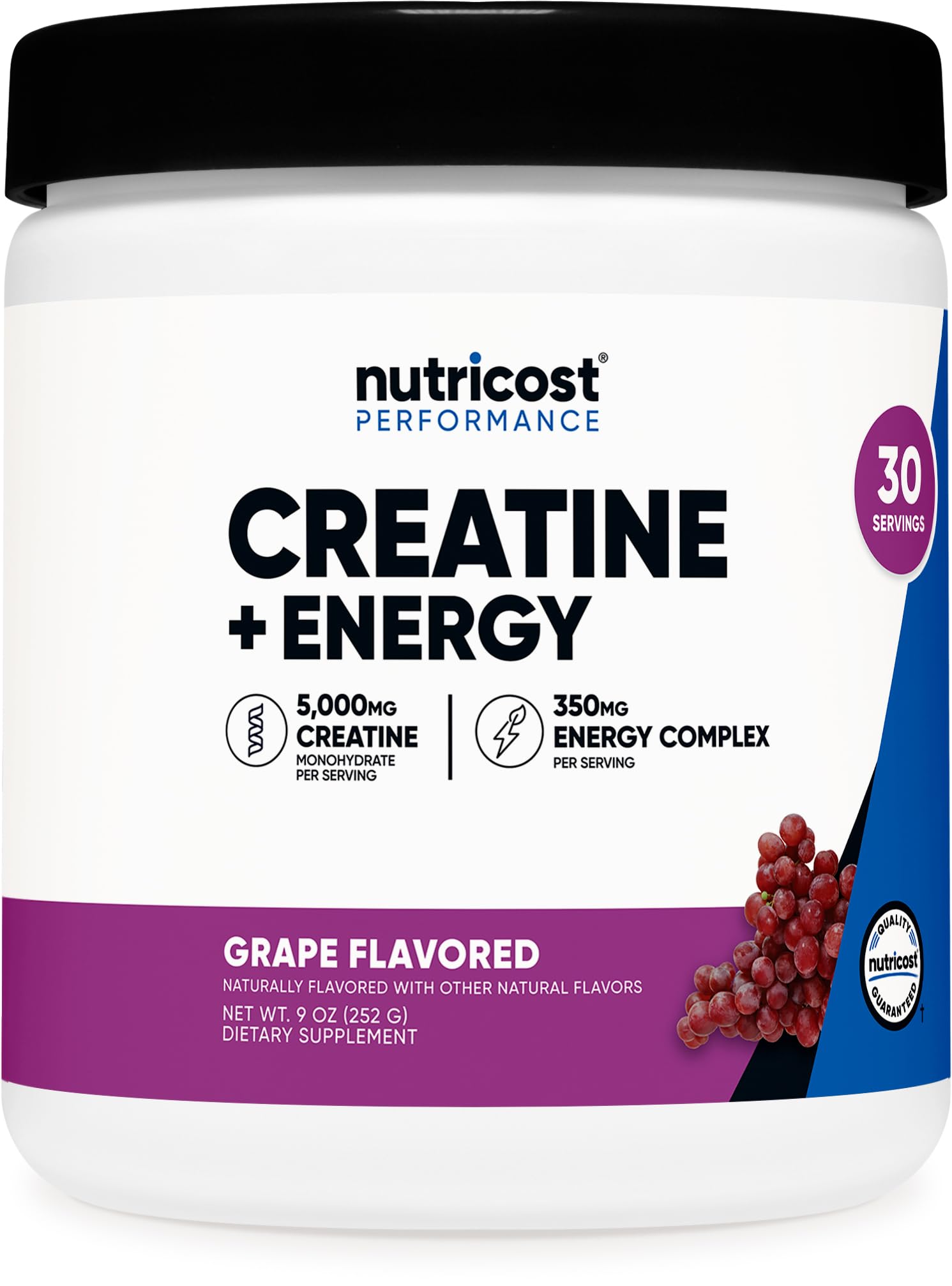 Nutricost Creatina + Energía, bote sabor uva, posible impulso para entrenamientos.