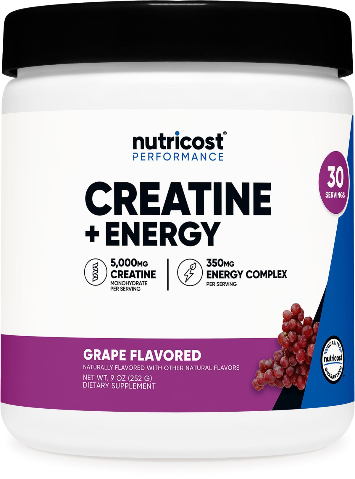 Nutricost Creatina + Energía, bote sabor uva, posible impulso para entrenamientos.