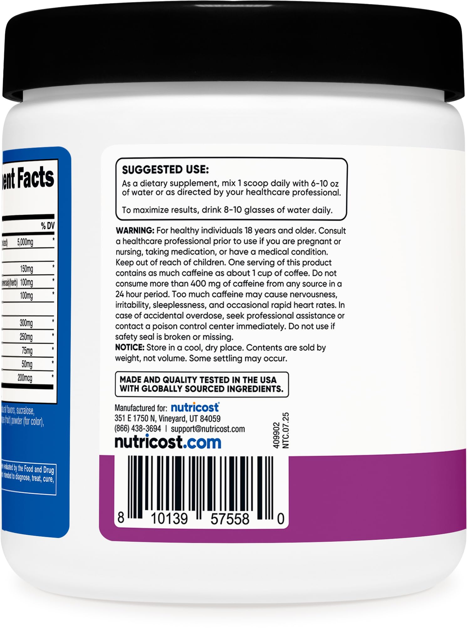Nutricost Creatina + Energía, espátula medidora para porciones consistentes.