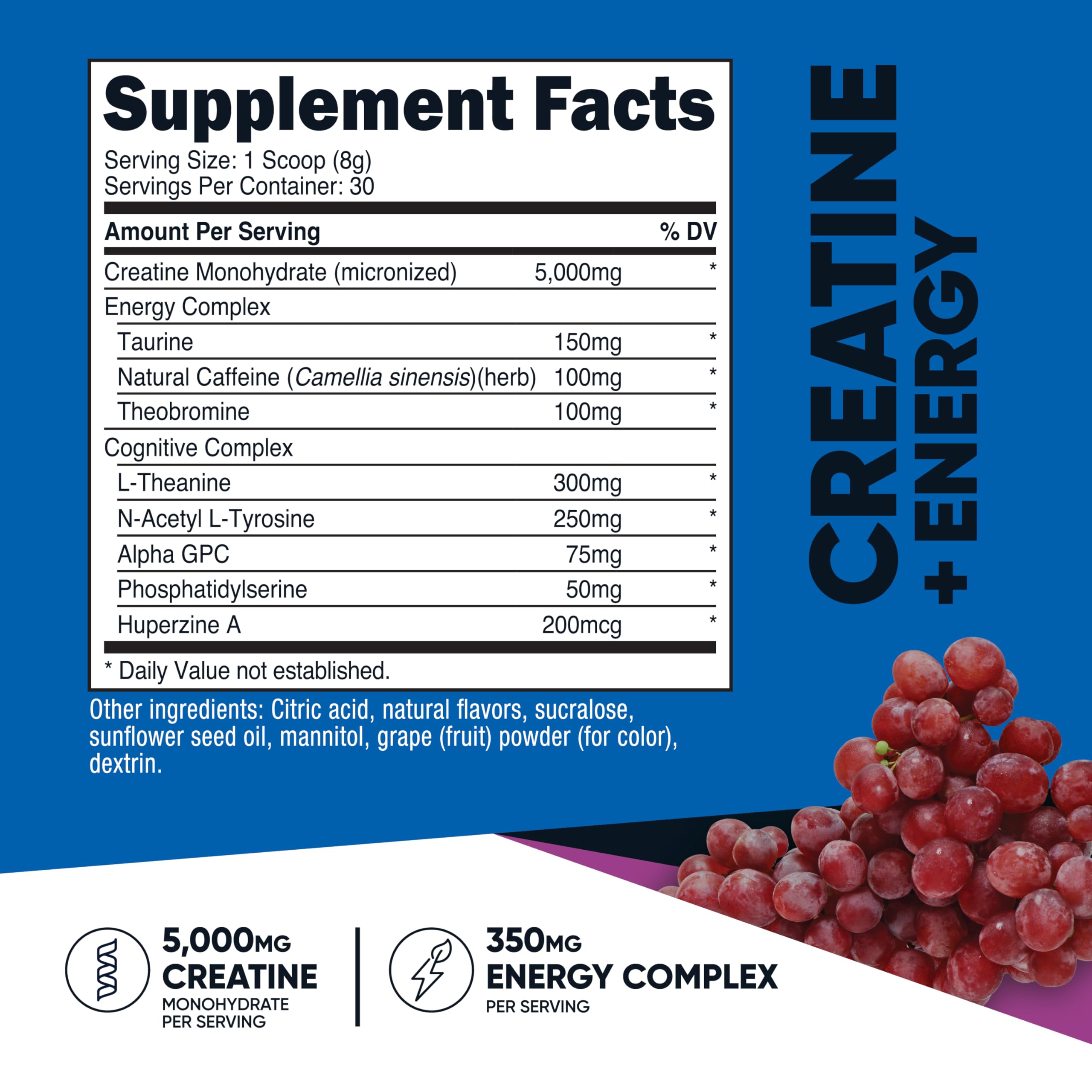 Nutricost Creatina + Energía, etiqueta frontal, sabor a uva para sesiones intensas.