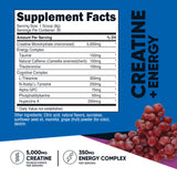 Nutricost Creatina + Energía, etiqueta frontal, sabor a uva para sesiones intensas.