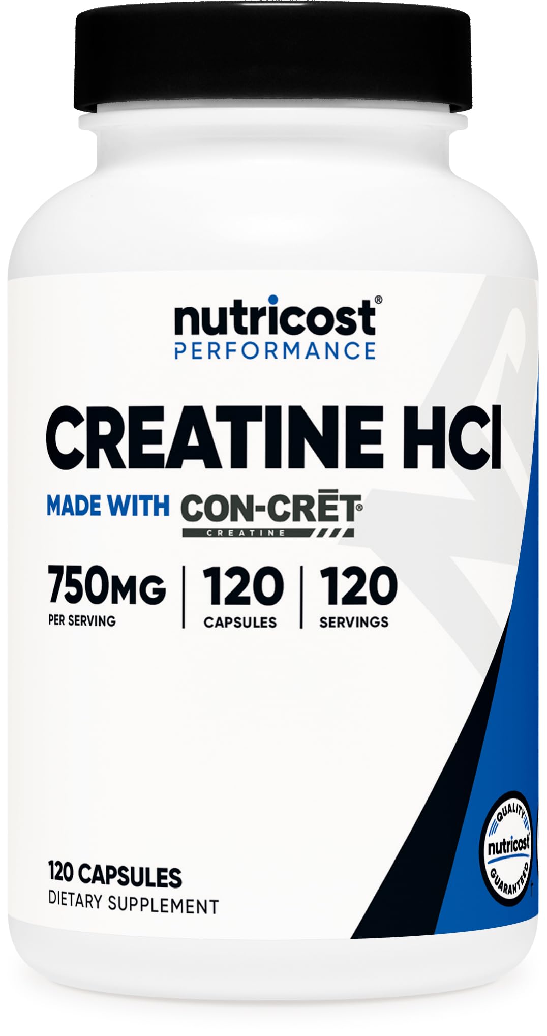 Nutricost creatina hidrocloruro, botella frontal, suministro duradero para entrenamiento diario.