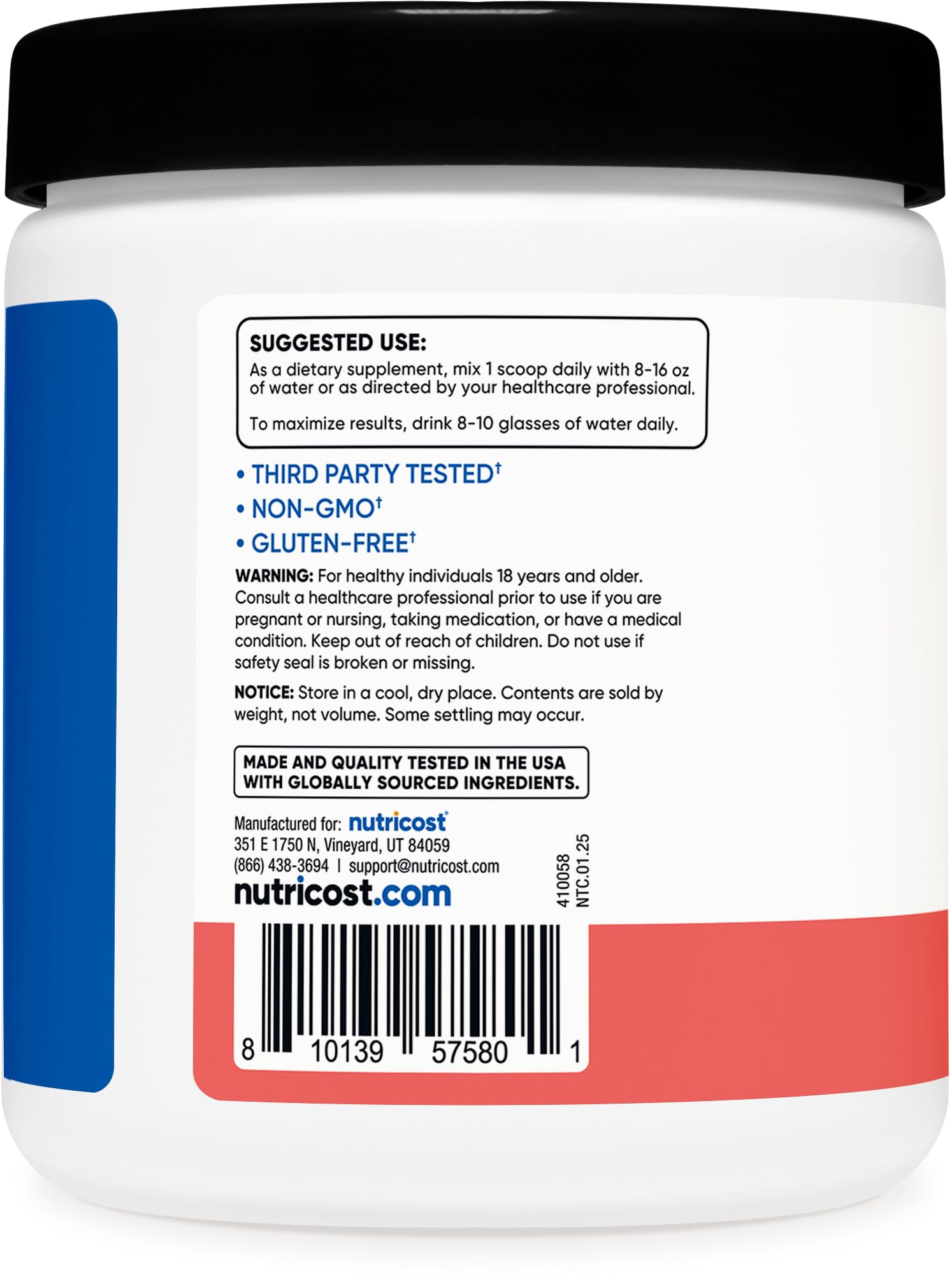 Nutricost Creatina Monohidratada, dosis recomendada y pruebas GMP en primer plano