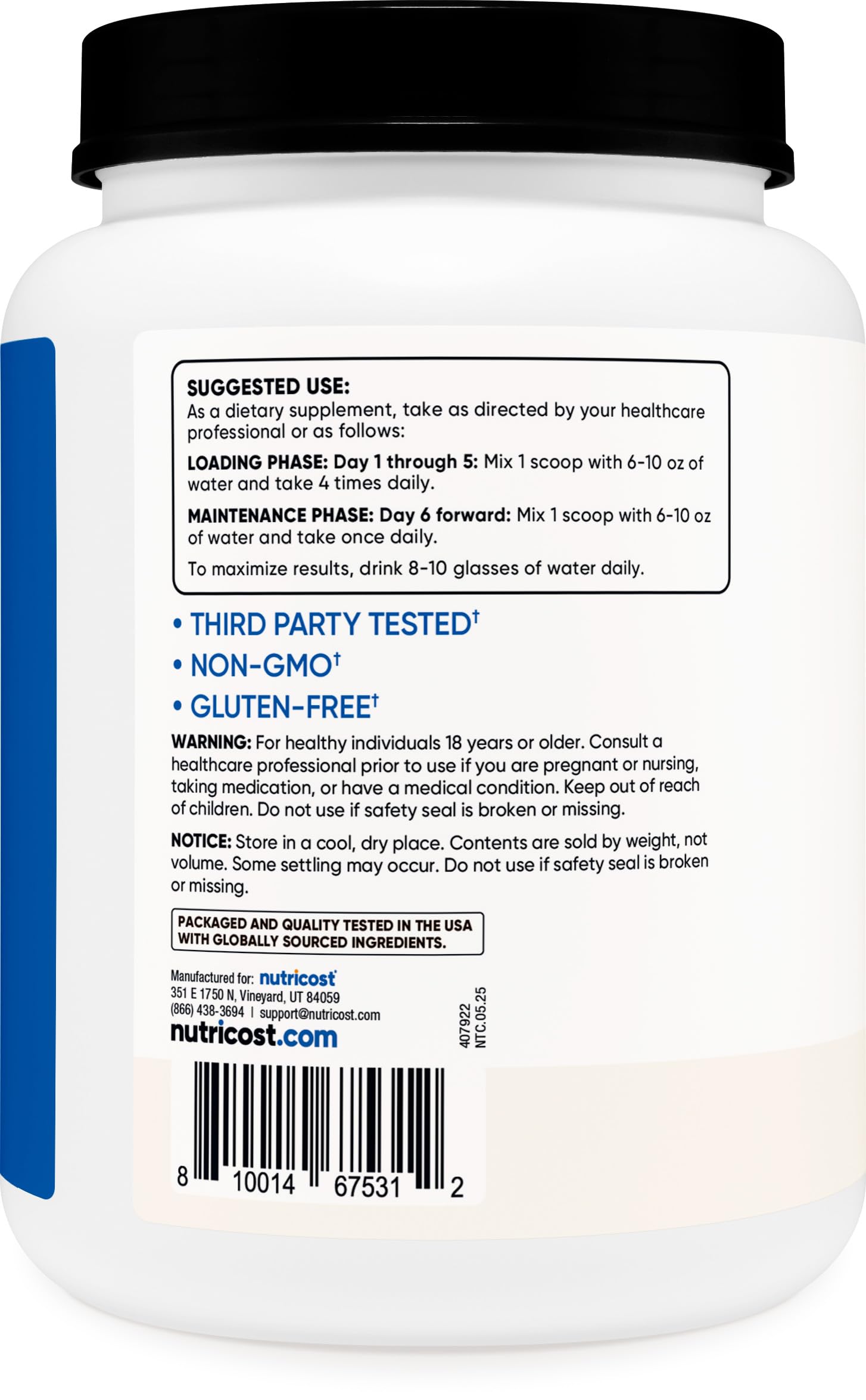 Nutricost creatina monohidratada etiqueta frontal de alta pureza