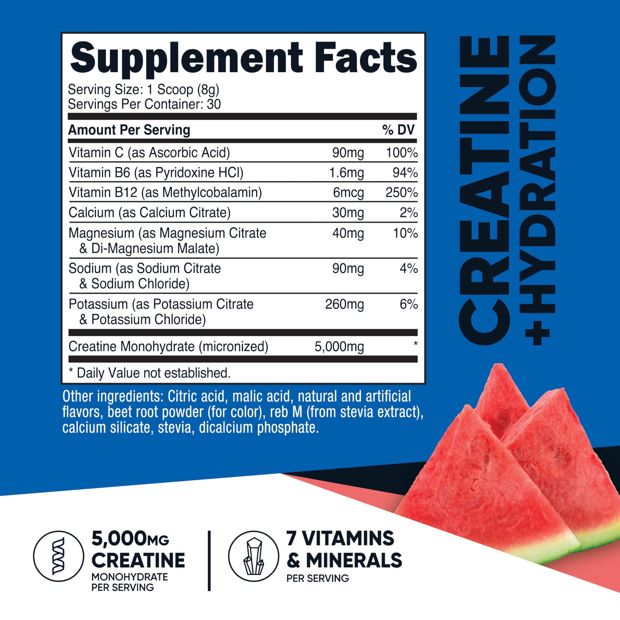Nutricost Creatina Monohidratada, etiqueta visible destacando 7 vitaminas para rendimiento
