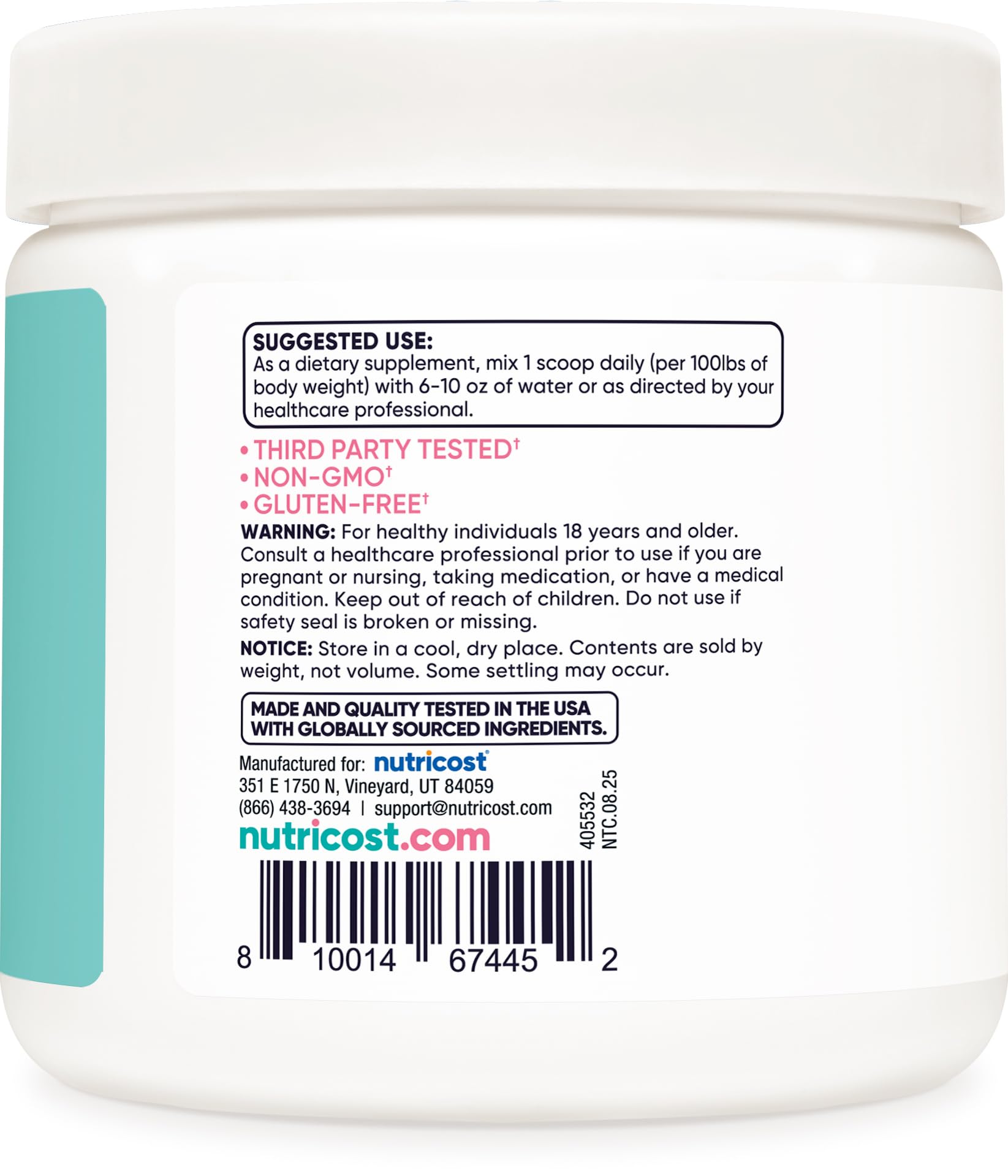 Nutricost Creatina Monohidratada sin sabor, ideal para cualquier bebida.
