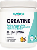 Nutricost creatina monohidrato polvo durazno-mango para energía en entrenamientos.