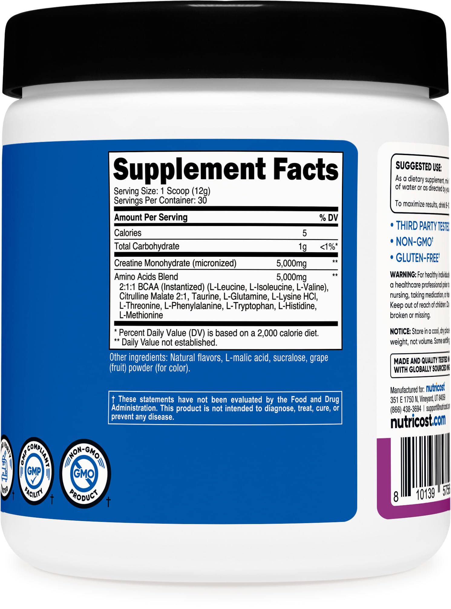 Nutricost Creatine + Aminos, empaque práctico para llevar.