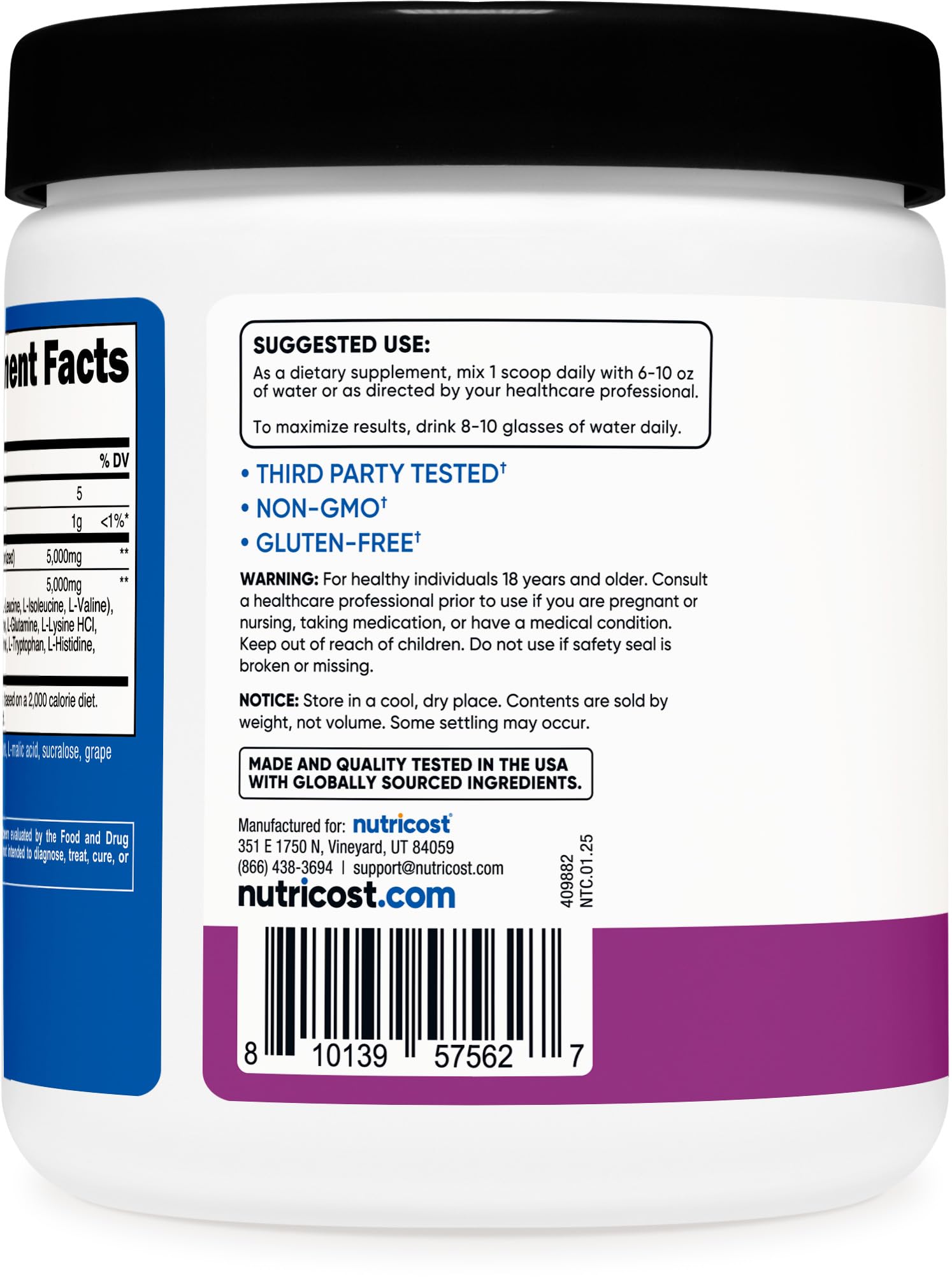 Nutricost Creatine + Aminos, etiqueta clara para revisar ingredientes.