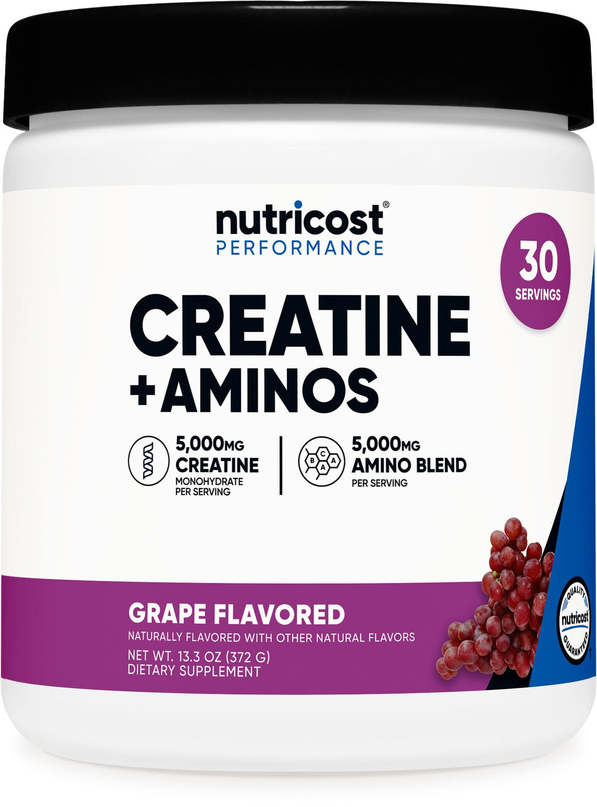 Nutricost Creatine + Aminos, sabor uva, bote para uso diario.