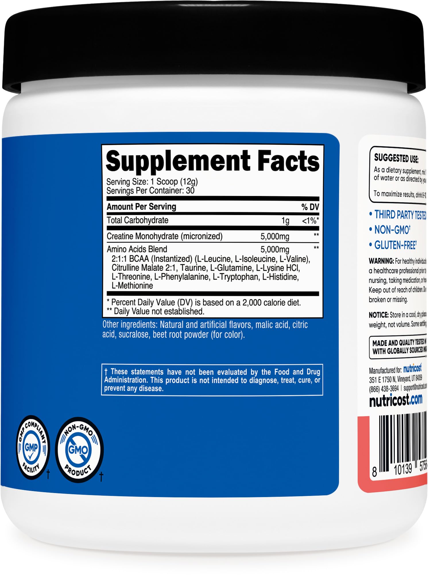 Nutricost Creatine + Aminos sabor Sandía, proceso BPM y pruebas de calidad por terceros.