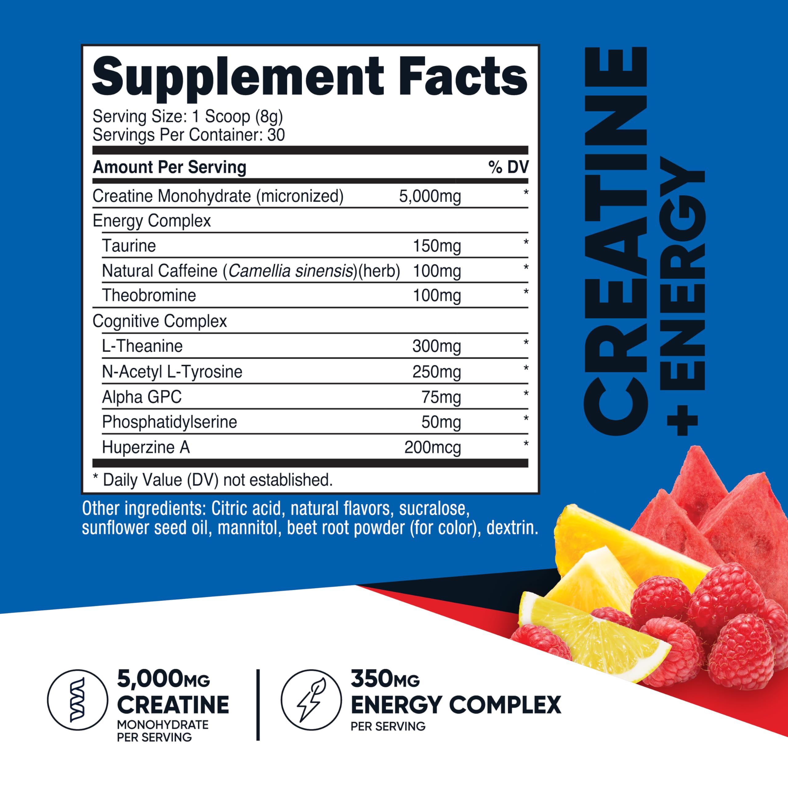 Nutricost Creatine Energy creatina monohidratada de 5,000 mg en porción.