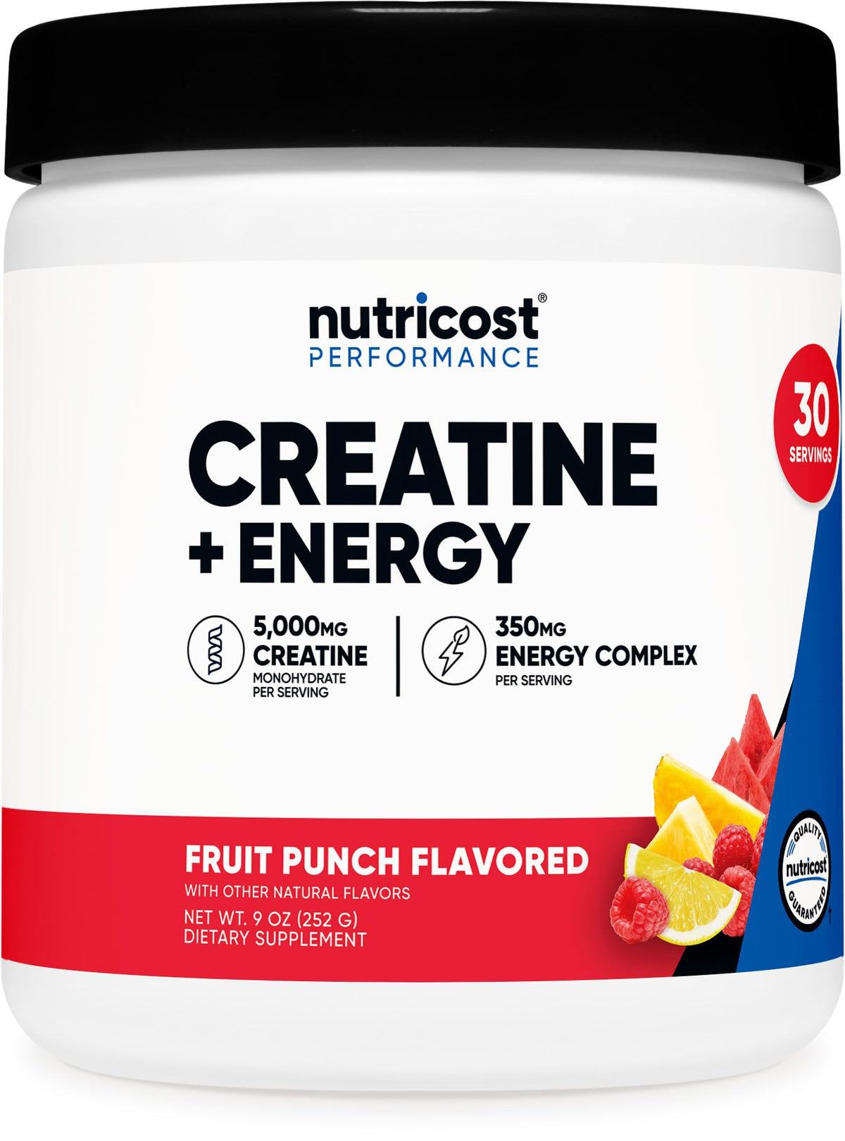 Nutricost Creatine Energy sabor ponche de fruta en pote para entrenos diarios.