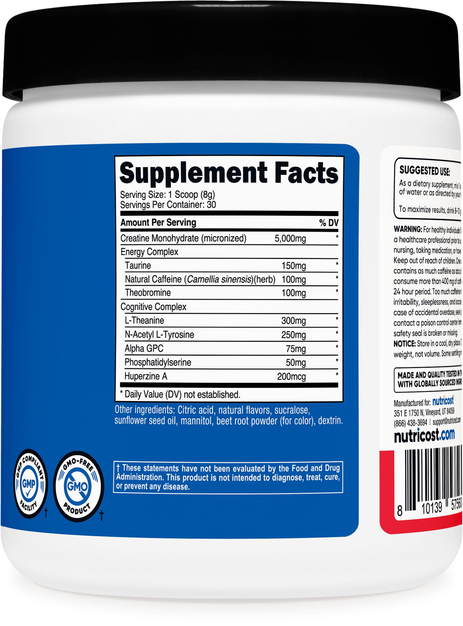 Producto Nutricost Creatine Energy fabricado en GMP y con pruebas de terceros.