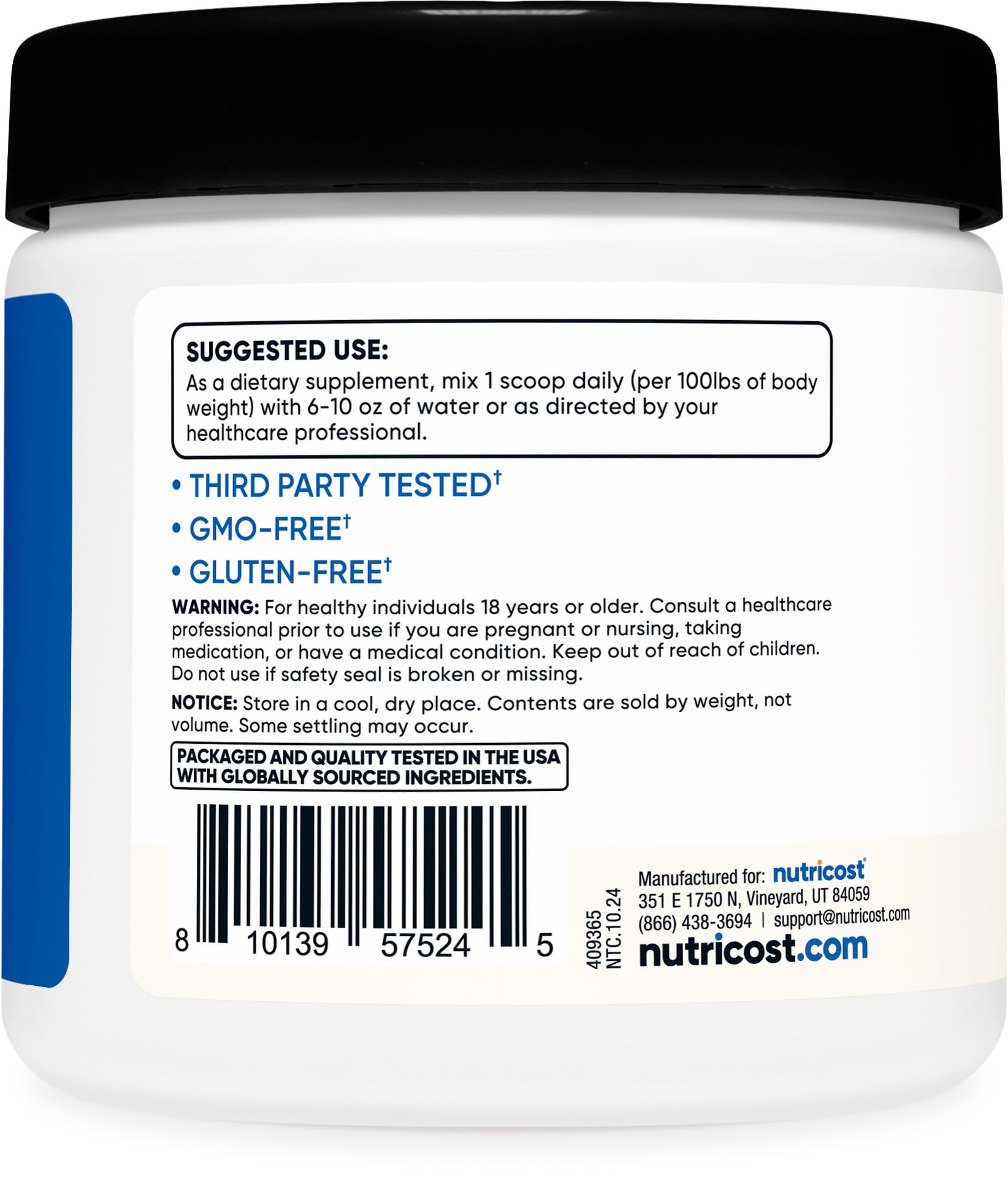 Etiqueta de Nutricost Creatine HCl sin gluten para opciones seguras.