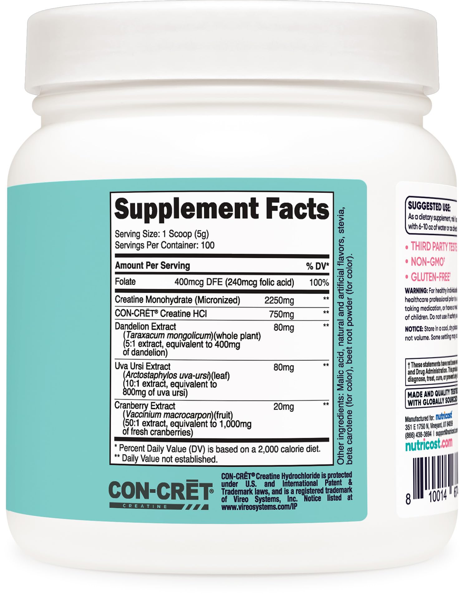 Etiqueta trasera de Nutricost Creatina Monohidratada Durazno Mango con indicaciones y beneficios