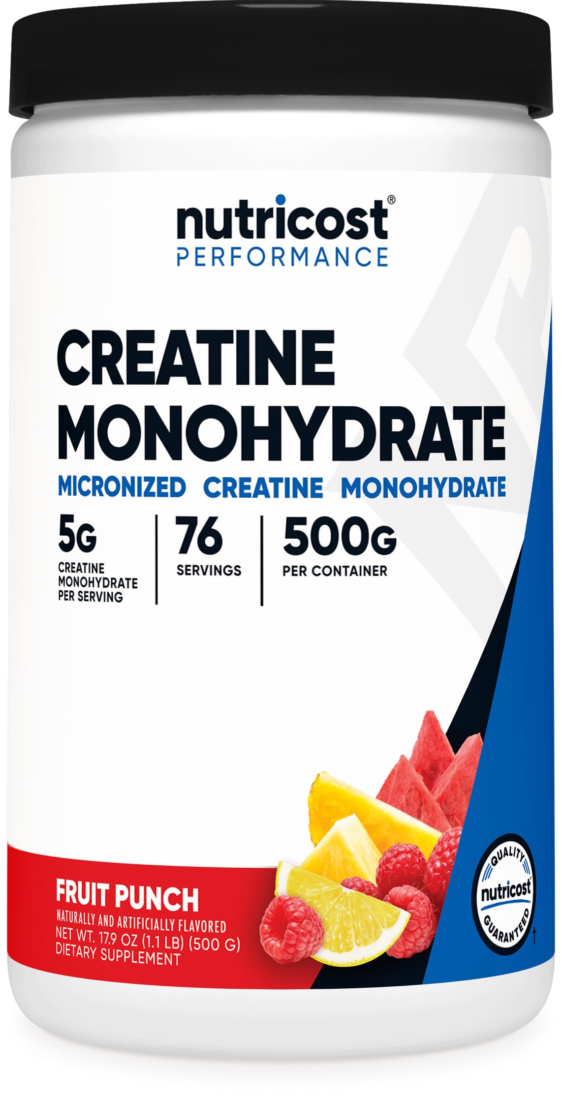 Nutricost Creatina Monohidratada, frasco 500 g, sabor Fruta, ideal para entrenamientos.
