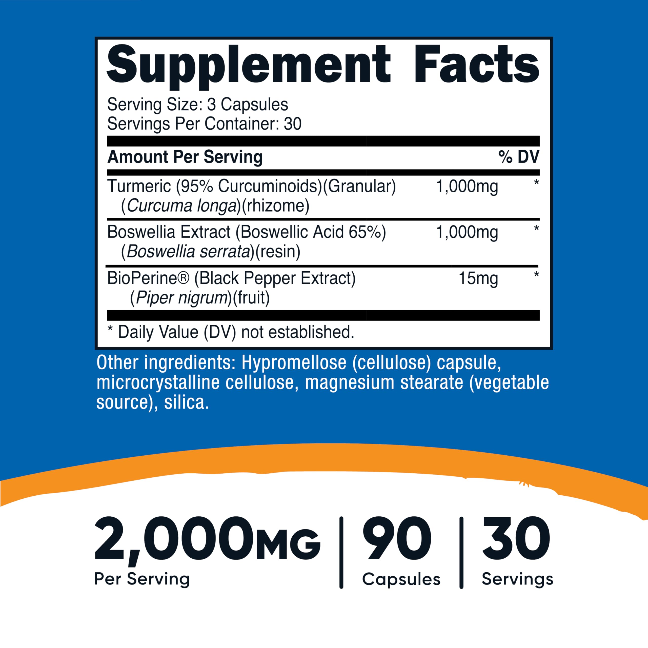 Nutricost Curuma Boswellia, etiqueta legible que destaca 95% de curcuminoides.