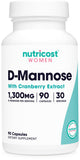 Nutricost D-Mannose con arándano frente a la botella, ideal para uso diario.