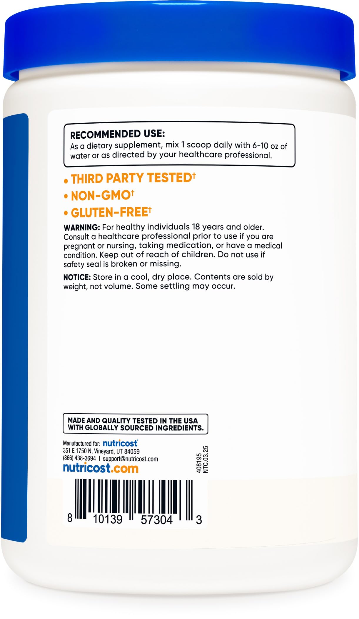 Envase de Nutricost D-Mannose con certificado GMP y FDA