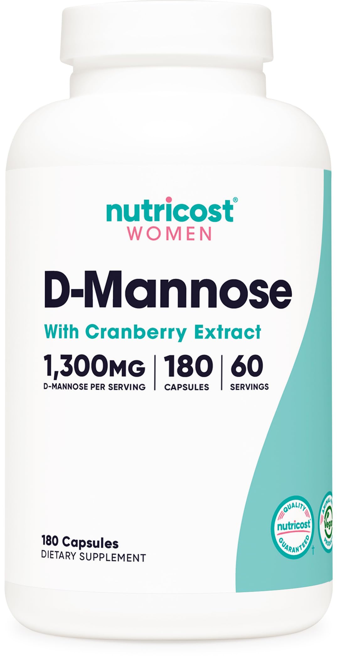 Nutricost D-Mannose con extracto de cranberry, cápsulas fáciles de tragar para uso diario.