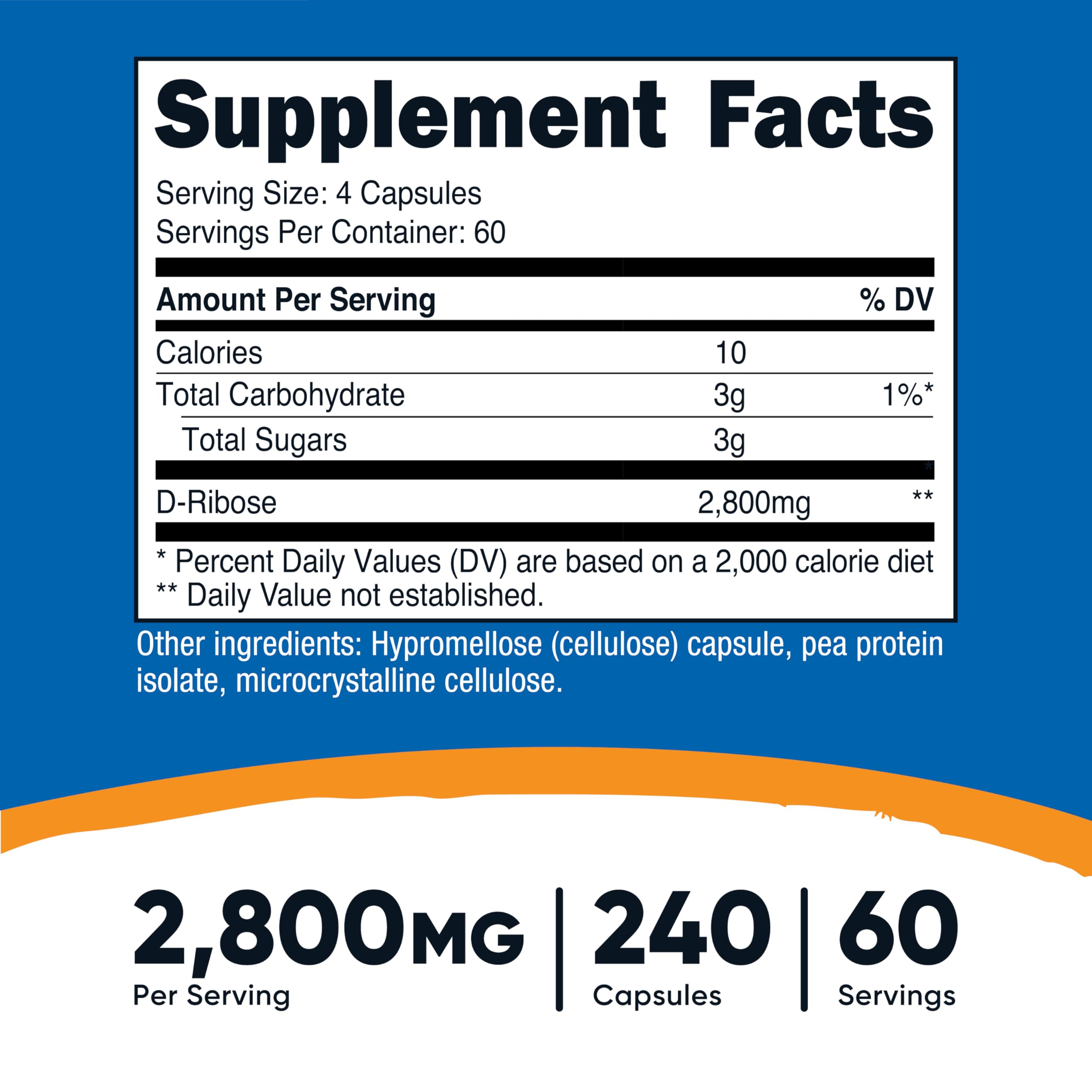 Nutricost D-Ribosa, etiqueta de ingredientes con 700 mg por cápsula