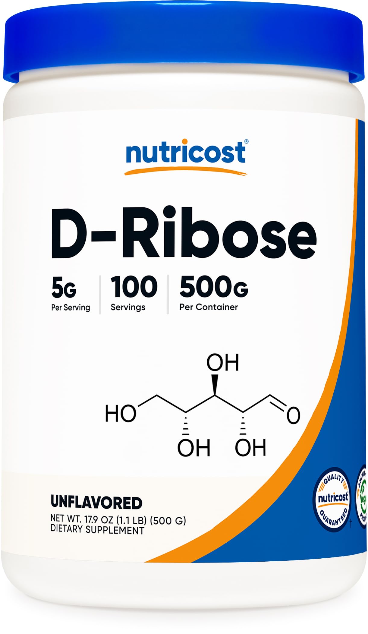Nutricost D-Ribosa polvo de 500 g, ideal para dosificación precisa.