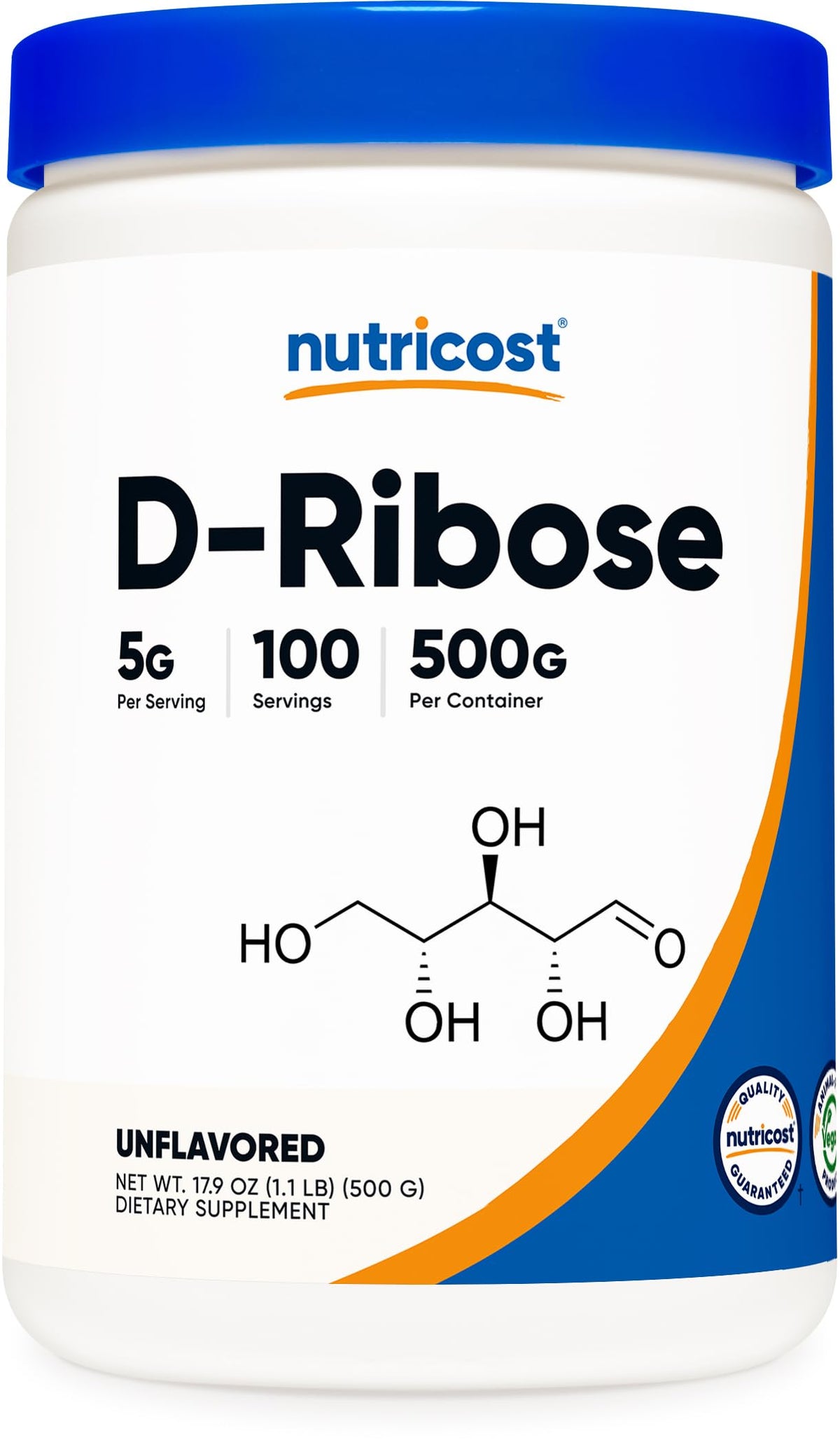Nutricost D-Ribosa polvo de 500 g, ideal para dosificación precisa.