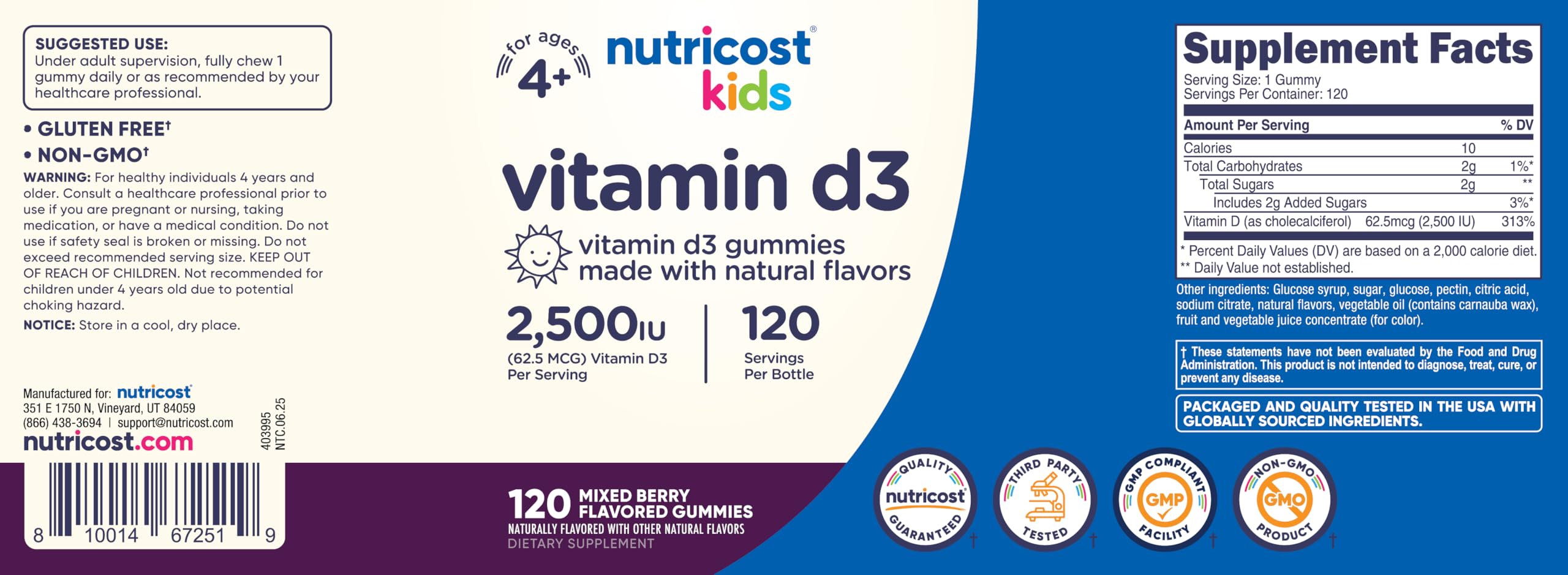 Gomitas Nutricost D3 para apoyar huesos e inmunidad en niños.