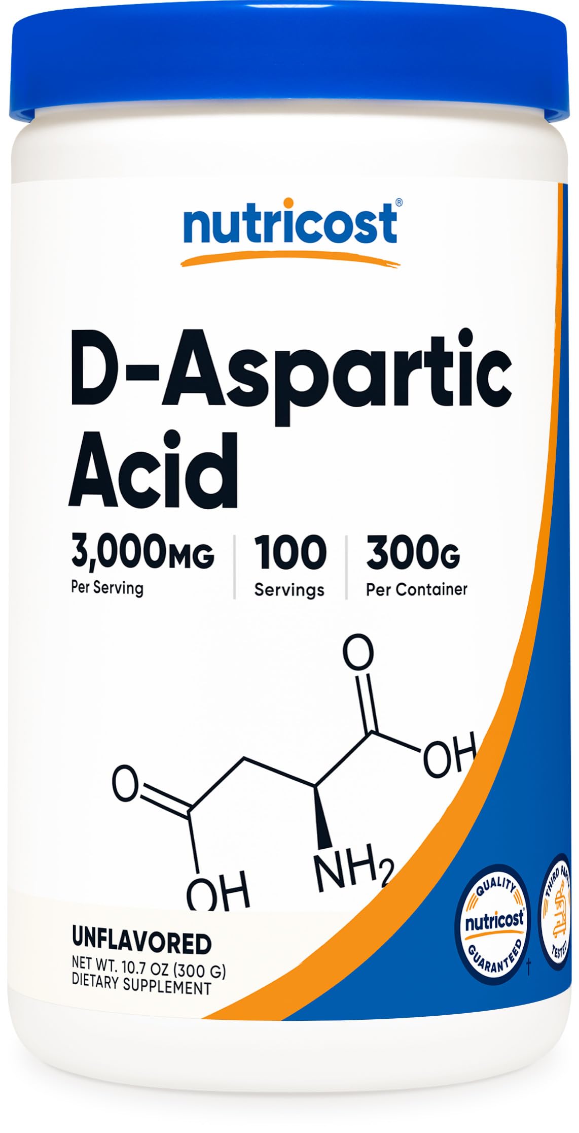Nutricost DAA polvo, botella frontal, envase seguro y fácil de almacenar.