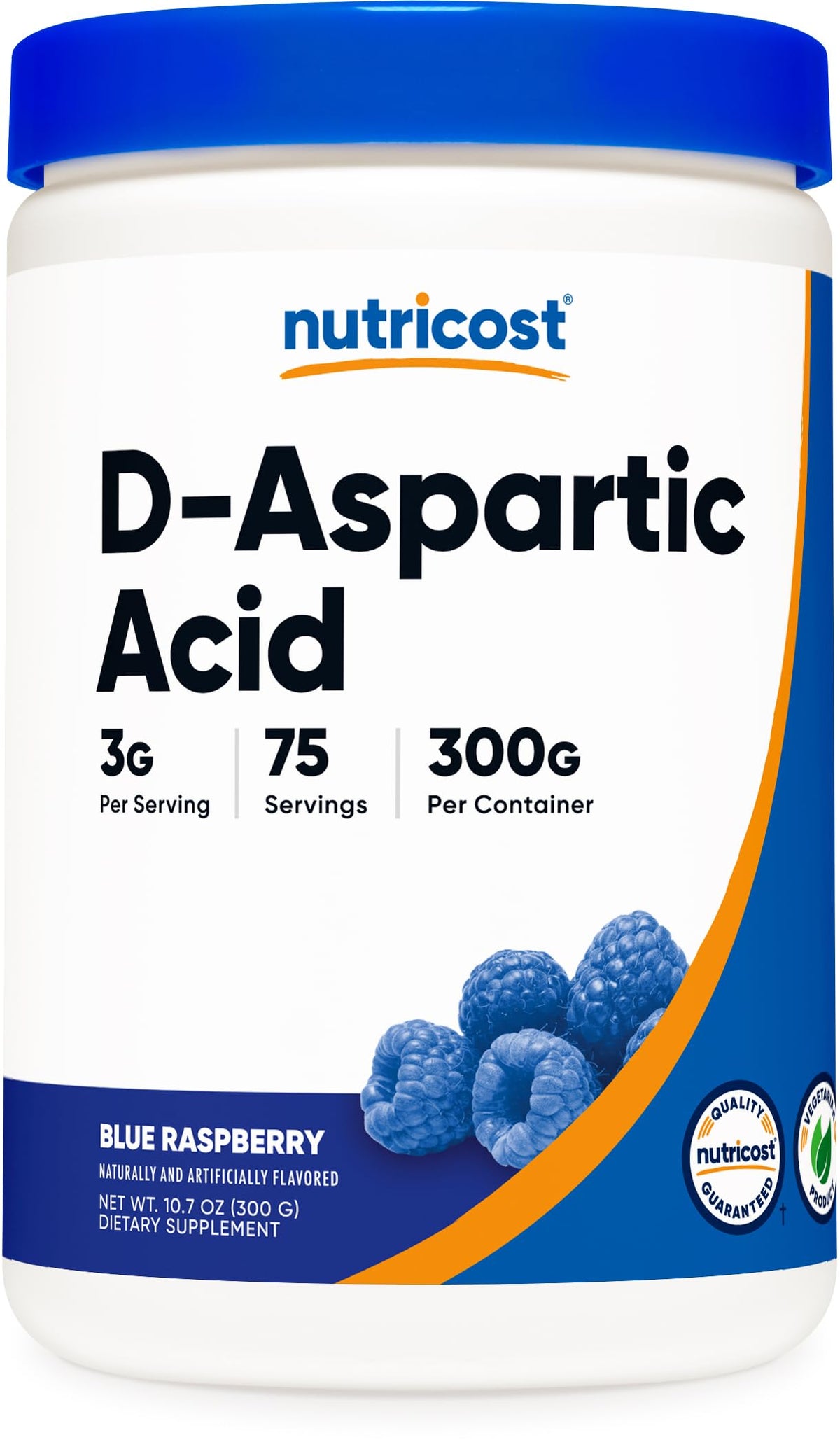 Nutricost DAA polvo sabor frambuesa azul en botella lista para mezclar
